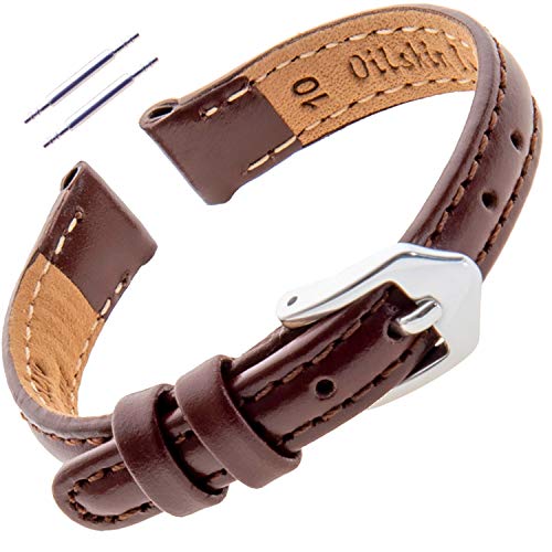 Gilden 10-14mm Water-Resistant Oilskin Leather Ladies Watch Strap MSW63-0210-S (10mm, Standard, Auburn Brown, Silver-Tone Buckle)