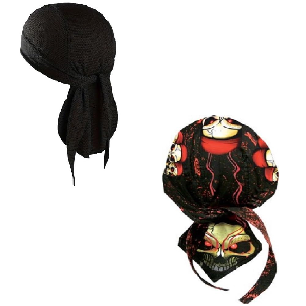 Headwrap Durag Doo Rag Skull Cap Lot or Set of 2 Black Red Skull Rider Pirate Swashbuckler with