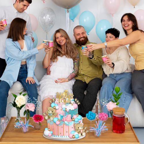 33 Pieces Gender Reveal Cake Toppers, Bear Cake Decorations Includes We Can Bearly Wait Cake Topper, Stars, Pearl Balls, Pink and Blue Bear for Baby Shower He or She Gender Reveal Party Supplies - image 6