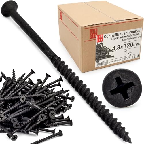 Vis placo à fixation rapide 4,8x120 mm, 1Kg, 95 pièces, auto perceuse, cloison seche, plaques platre, ossature metal, filetage grossier, tete trompette, placoplâtre,...