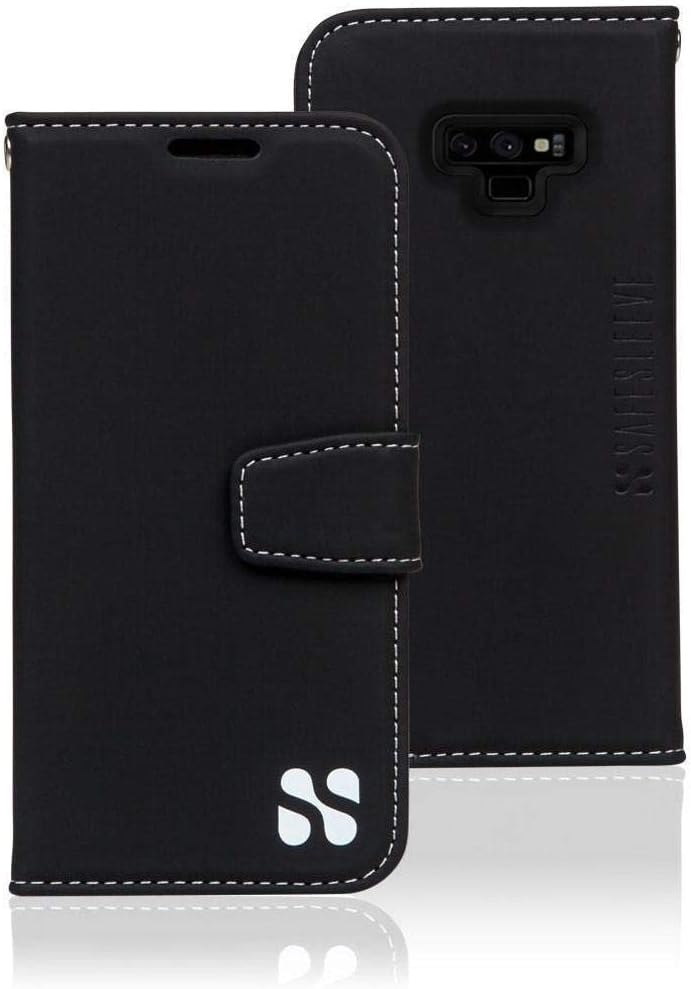 SafeSleeve EMF Protection Anti Radiation Galaxy Case: Galaxy Note 9 RFID Card Holder Blocking Wallet, Adjustable Stand Cell Phone Case, Vegan Leather for Women & Men (Black)