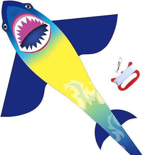 HONBO Cometas grandes de tiburón para niños y adultos, fáciles de volar, cometa para principiantes para niños y niñas para juegos al aire libre,