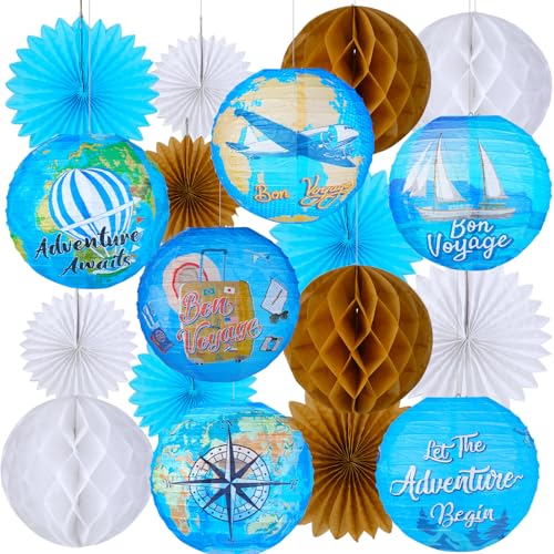 Image of Baquler 18 Pcs Travel Party Party Decoration Around The World Bon Voyage Hanging Paper Lantern Let The Adventure Begin Fans Honeycomb Ball for Birthday Baby Shower Ceiling Decor Supplies