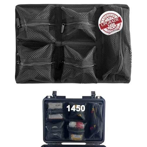 LAFENLIN UPGRADED Lid Organizer for Pelican 1450 Case [No Tools Max Space] - 5-Pocket Thick Mesh for Photographers & Divers Secures Camera Gear & Tools in Hard Cases Hook & Loop Mount (No Screws)