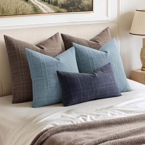 Image of MIULEE Decorative Linen Check Lumar Throw Pillow Covers Neutral Farmhouse Vintage Pillow Covers 12x20 Set of 2 Boho Modern Home Decor for Sofa Couch Bedroom Cushion Navy Blue
