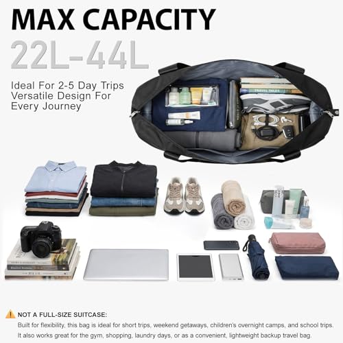 Rolling Duffle Bag with Wheels, Expandable Carry On Travel Bag for Airplanes 22L-44L, Detachable 360° Spinner Wheels, Foldable Weekender Bag for Men Women, Waterproof Nylon with Tr image 3