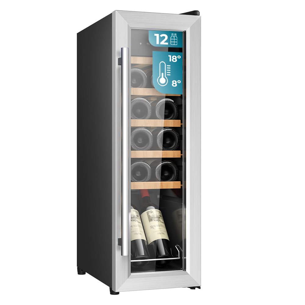 Cecotec Vinoteca Libre Instalación Bolero GrandSommelier 1250 CoolWood. Nevera para vinos con capacidad para 12 botellas, temperatura ajustable de 8-18ºC, LED y estantes de madera.
