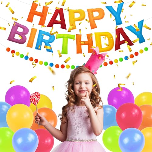 Image of 2 PCS Pre-Strung 3D Felt Happy Birthday Banner - Reusable Rainbow Happy Birthday Decorations Sign, Felt Ball Garland, Pom Pom Garland, Party Decor, Photo Prop（Retro Cartoon Color Scheme）