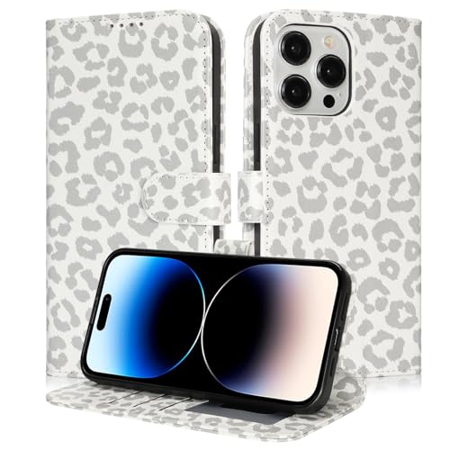Image of for iPhone 14 Pro Max Case Wallet with Card Holder,for iPhone 14 Pro Max Wallet Case for Women Men,PU Leather Shockproof Magnetic Buckle Stand Flip Phone Case-White Leopard