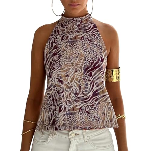 Women Y2k Floral Halter Top Sexy Sleeveless Backless Polka Dot High Neck Tank Top Summer Boho Going Out Beach Outfit