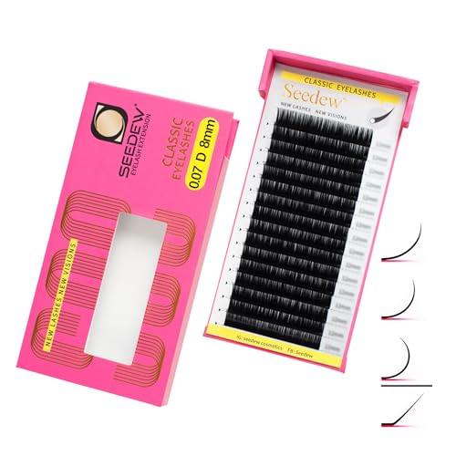 SEEDEW Classic Individual Eyelash Extensions, 8mm D Curl 0.07mm 16 Rows/Tray, Single Natural Soft Lightweight Short Bottom Lashes Grafting Supplies for Lash Artists Salons (Matte Black-0.07-D-8mm)