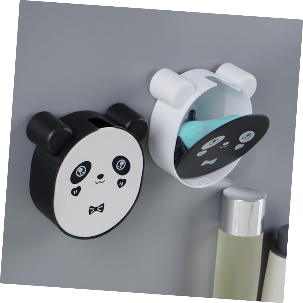 KONTONTY 2pcs Panda Shape Soap Case Drain Design Detachable Soap Box for Bathroom Supply Punch Wall-Mounted Storage Chic and Cute Design Material Easy to Clean