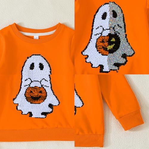 Noubeau Toddler Girls Halloween Sweatshirt Boys Sequin Ghost Ruffle Sleeve T-Shirt Pullover Tops Kids Fall Winter Clothes4