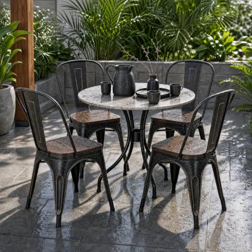 Image of Furmax Metal Dining Chairs with Wood Seat, Indoor-Outdoor Use Stackable Chic Dining Bistro Cafe Side Metal Chairs Set of 4 (Black Gold)