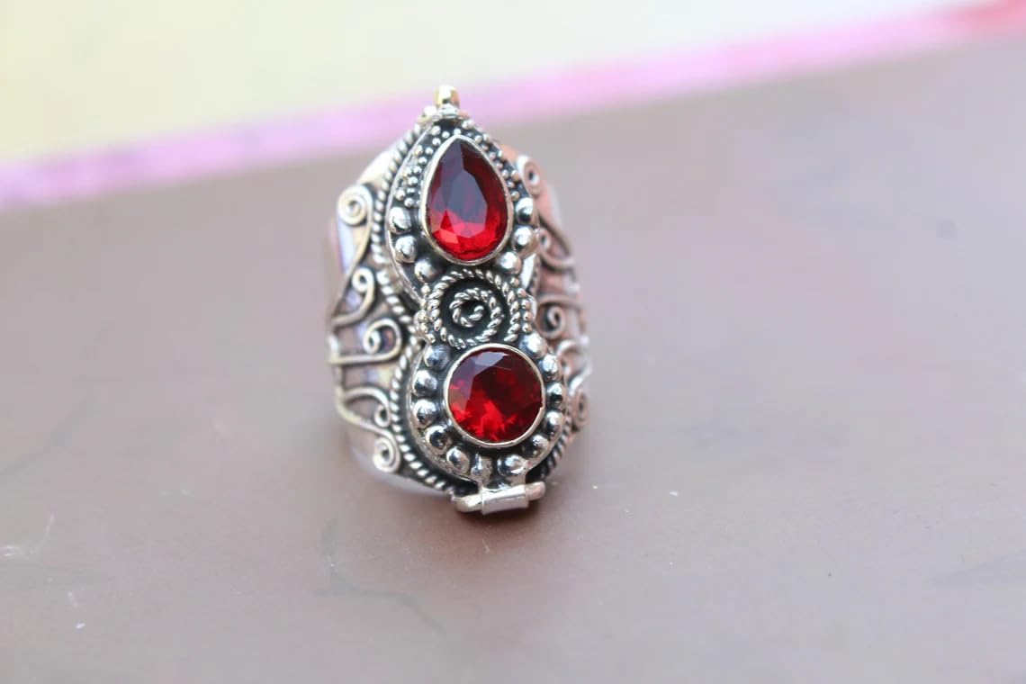 Cut Garnet Poison Ring, Handmade Vintage Style Poisoner Ring, New Design Two Stone Medicine Ring, 925 Sterling Silver Plated Box Ring, Rings