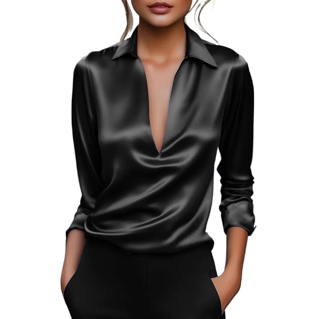 Chemise Femme Chemise Femme Simple et élégante, Couleur Unie, col en V, Manches Longues, Confortable et Ample, Style Automne