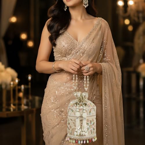 Image of Nevis Silk Fabric Embroidered Potli Bag with Pearl Beaded Handle | Designe Ethnic Drawstring Clutch for Wedding, Festive