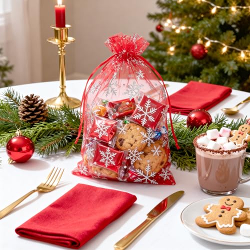 G2PLUS 20x30 cm Weihnachten Organzasäckchen: Rot Groß Organza Geschenksäckchen mit Schneeflocke, Transparent für Weihnachtsgeschenkverpackung und Party Deko, 50 Stück