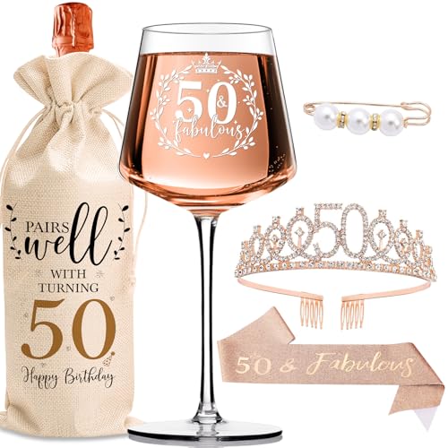 50th Birthday Gifts for Women Her - Elegant Decorations with Vintage Wine Glasses, Wine Bag, Birthday Sash, Crown,Rhinestone Birthday Tiara, Perfect for Women,Mom,Wife,Coworker,Best Friend,Sister