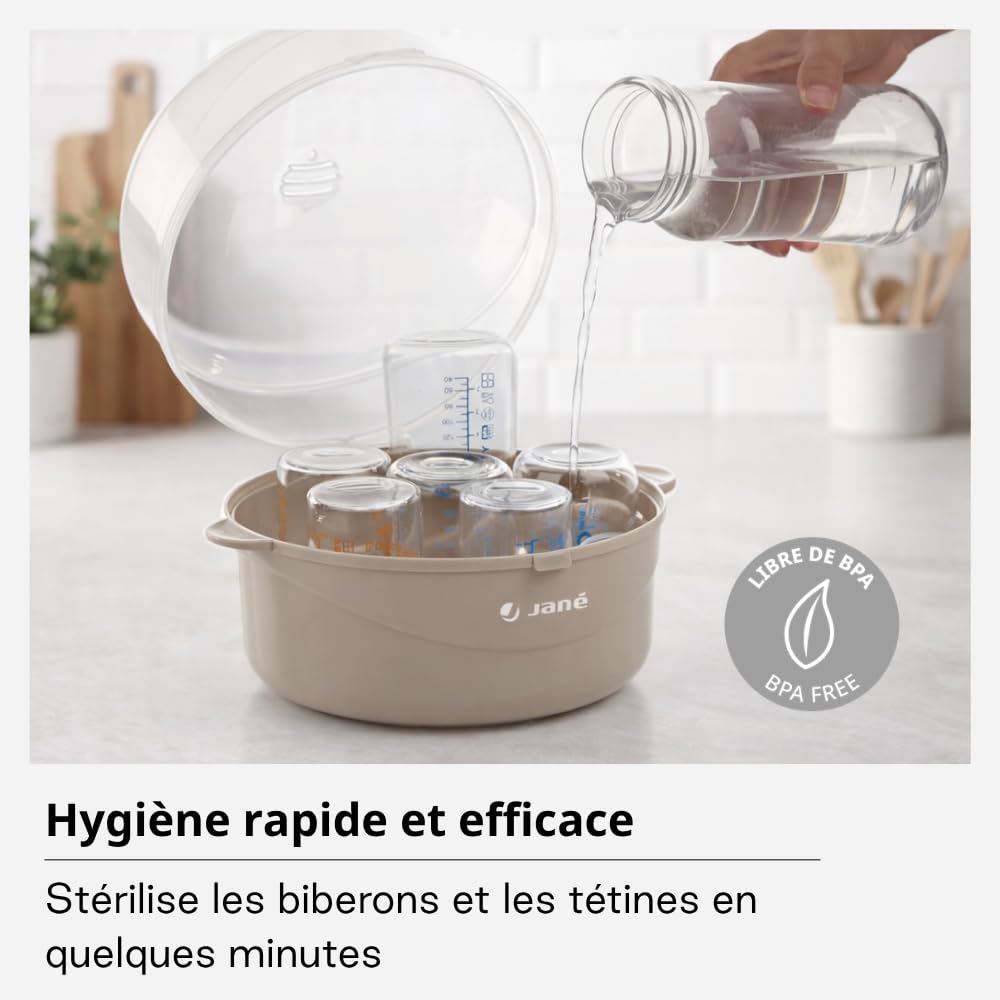 Jané Stérilisateur Micro-ondes 6 Biberons, avec Panier Tétines et Pince, Sans BPA, Gris