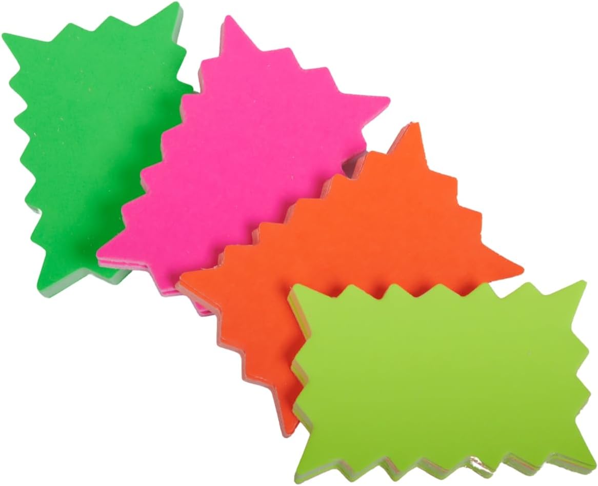 SSWBasics Multi-Colored Fluorescent Rectangle Burst Sign Cards - 2" W x 3" H - Pack of 100