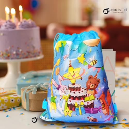 Image of MONKEYTAIL Happy Birthday Blue Colour Drawstring Sack Bag (Pack of 15) as Party favors Birthday Return Gifts for All Age Group