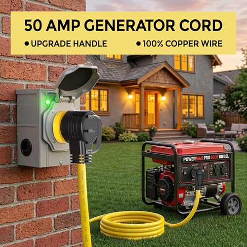 YOMILINK 50 Feet 50 Amp RV/Generator Cord, 100% Copper Wire, NEMA 14-50P to SS2-50R Twist Lock, Newly Designed 90°Grip Handle, 6/3+8/1 Gauge STW Wire by YOMILINK - Image 6