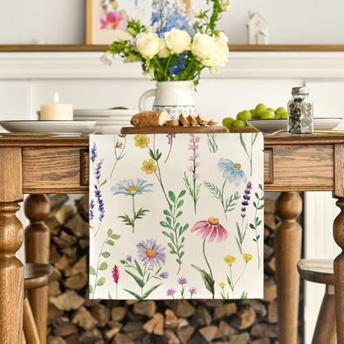 Artoid Mode Wildflowers Floral Eucalyptus Spring Table Runner, Seasonal Summer Kitchen Dining Table Decoration for Home Party Decor 13x72 Inch - Thumbnail 2