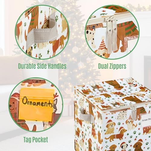 VENO 2 Pack Christmas Ornament Storage Box, Holiday Ornament Organizer with Adjustable Dividers, Sturdy Storage Containers for 64 Ornaments, Zippered Lid & Handles, 3" Cube (Holiday Pups) — view 5