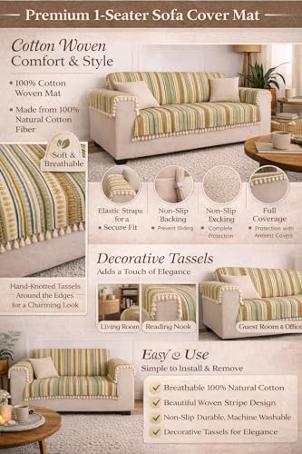 Image of Gifts Island Woven Acrylic Cotton Sofa Cover Mat, Brown Striped with Decorative Tassels, Non-Slip Design with Elastic Straps, 3 Seater and 1 Seater Mats with 6 Armrest Covers (Brown, 3+1+1 Seater)
