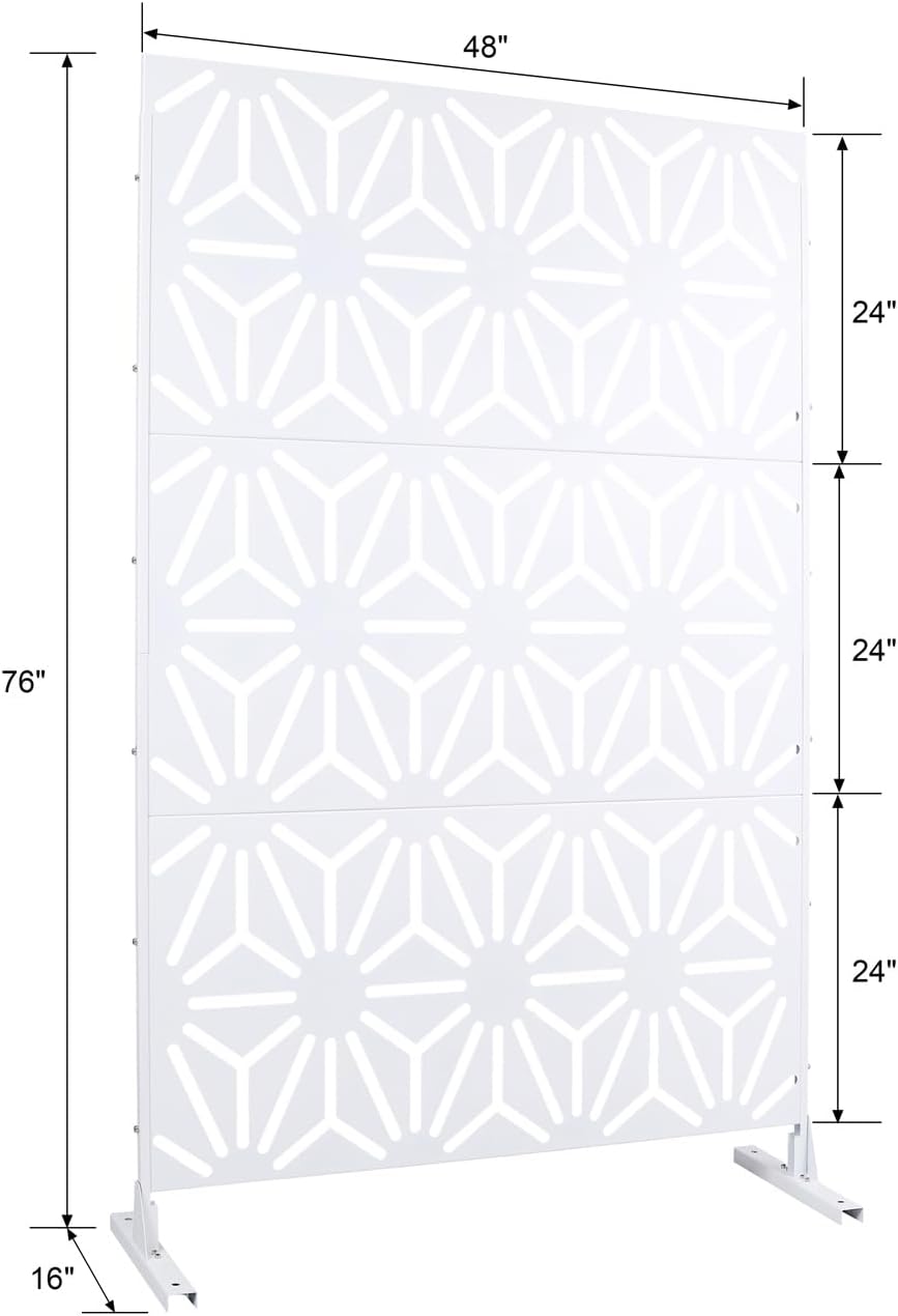 76" H×48" W Metal Privacy Screen, Freestanding Decorative Privacy Screen for Deck Balcony Patio, Privacy Fence Panels for Outside Lawn Garden (White)