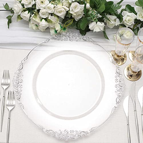 Tableclothsfactory 6 Pack Clear Silver 13" Round Baroque Charger Plates Leaf Embossed Rim For Tabletop Decor Catering Event Decoration #TOP7
