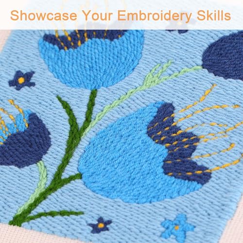 Image of REEWISLY Embroidery Starter Kits for Beginner,Punch Needle Fabric with Pattern,Threader, Yarns,Pinch Needle, Embroidery Hoops & Rug Punch (Blue1)