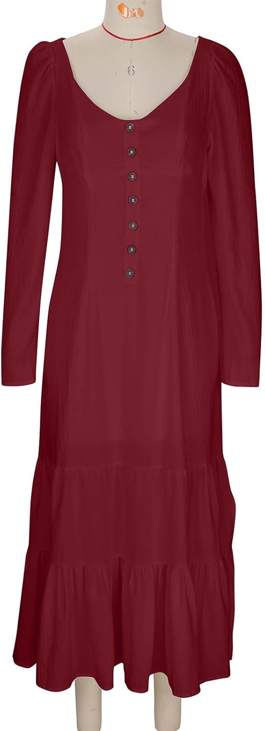 Women Long Sleeve Maxi Dress Elegant Button Down Split Hem Bodycon Dress Vintage Square Neck High Waist Evening Gown