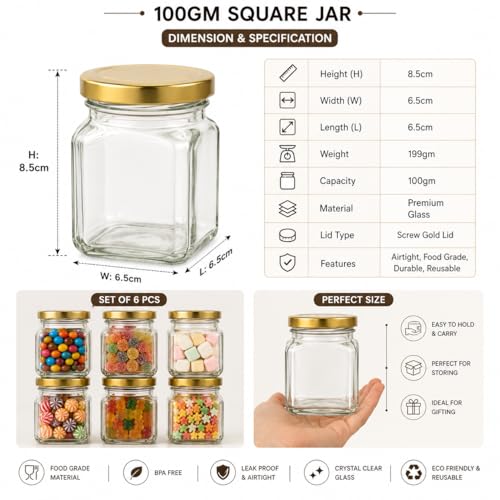 Image of Pure Source India Premium Clear 6 Pcs Glass Jar with Gold Lug Cap | Airtight Food Storage Jar for Honey, Jam, Pickles, Spices & Preserves (100 gm)