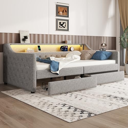 Aoskem Polsterbett Tagesbett Einzelbett 90x200 mit 2 Stauraum Schubladen, Kinderbett LED-Sofabett mit USB-Ladebuchse, Bettgestell mit Lattenrost, Jugendbett Schlafsofa, Ohne Matratze, Leinen (Grau)