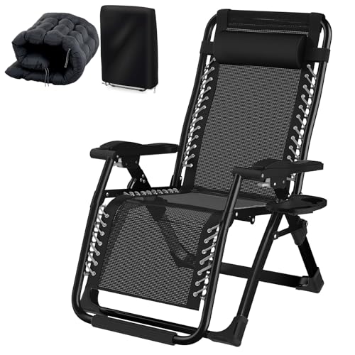 Fiutazge Tumbonas Jardin Exterior,Tumbona Plegable con Acolchado,Reposacabezas ExtraíBle, Portavasos, Respaldo Ajustable,Silla Reclinable para Patio, JardíN, Playa, Piscina,Máxima 240Kg -Negro