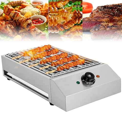 Portable Smokeless BBQ Grill Kebab Machine, 2600W Electric Heating Tube Seafood Meat BBQ Grill Machine, Temperature Control, Countertop Stainless Steel BBQ Griddle with Drip Tray for Garden Party