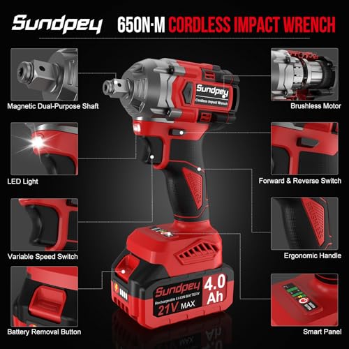 Sundpey 650N·m Cordless Impact Driver - 2-in-1 3200RPM Brushless Electric Impact Gun - 21V 480Ft-lbs Power Impact Wrench with 2 x 4.0Ah Battery & 6 Sockets & 9 Drill Bits & Desktop Charger & Tool Case 7 Sundpey 650N·m Cordless Impact Driver - 2-in-1 3200RPM Brushless Electric Impact Gun - 21V 480Ft-lbs Power Impact Wrench with 2 x 4.0Ah Battery & 6 Sockets & 9 Drill Bits & Desktop Charger & Tool Case - Image 7