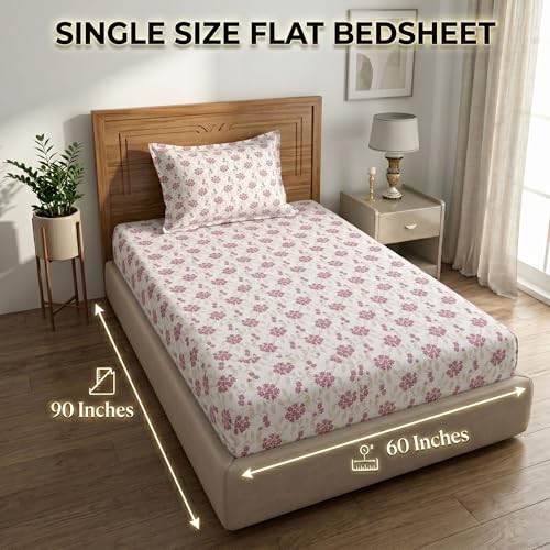 Image of Mafatlal 186 TC Grace Cotton Bedsheet for Single Bed | 90 x 60 Inch | Soft, Breathable & Durable Pure Cotton Fabric | Includes Pillow Cover | Rose Pink