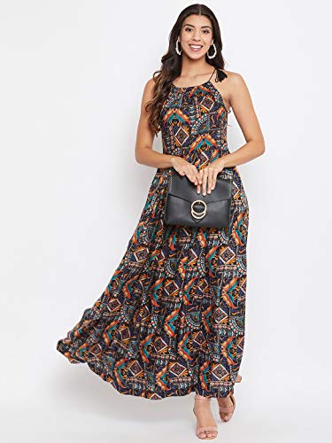 Image of HELLO DESIGN Women Navy Printed Shoulder Straps A-line Maxi Dress
