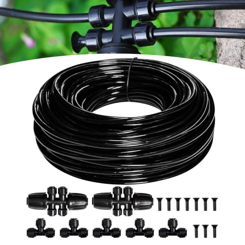 Maotong 100FT 1/4 inch New Quick-Connect Drip Irrigation Kit Distribution Hose Tubing for Garden Irrigation System (Includes 2 Pcs 6-Way Connector, 5 Pcs 1/4" Tee and 10 Pcs End Plugs)