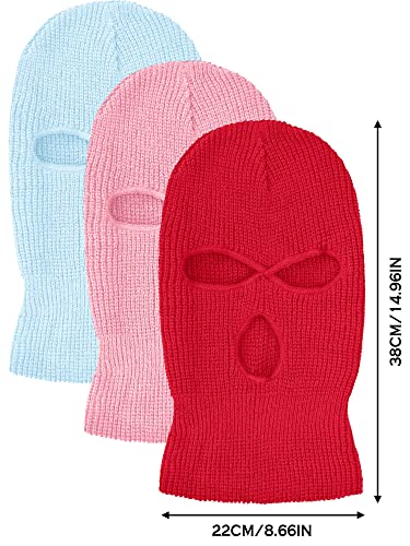 3 Pieces 3 Holes Knitted Full Face Cover Ski Mask Winter Knit Balaclava Outdoor Sports Thermal Ski Cover For Men Women (Light Blue, Pink, Bright Red, Adult Size) #TOP2