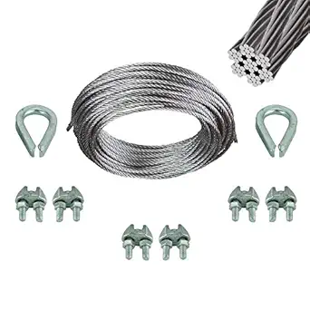 4mm - 7x7 Const Galvanized Wire Rope with Thimble and Clamps - Ideal for Pulleys, Winch Systems, Lifting, Rigging and DIY Projects (10mtr Wire Rope, 2 Thimble, 6 Rope Clamps)