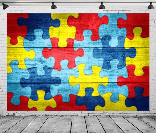 CORFOTO 7x5ft Fabric Colorful Picture Puzzle Backdrop for Photography Autism Awareness Jigsaw Background Kids Adult Game Themed Birthday Party Decorations Holiday Baby Shower Photo Studio Props