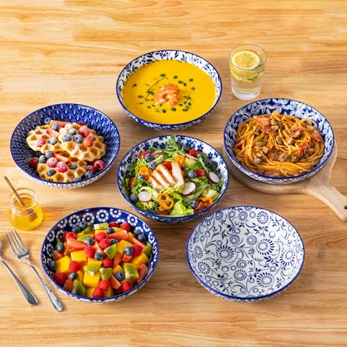 vancasso Selene 8.5" 40 oz Pasta Bowls Set of 6, Large Porcelain Salad Bowls, Kitchen Ceramic Serving Bowls Pasta Plates, Blue & White Floral Design, Microwave Dishwasher Safe - Image 6