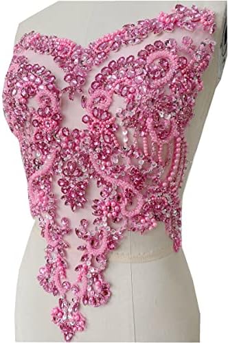 Handmade red/Blue/Gold/Green Rhinestones lace Bodice Applique Sewing Beads Crystal Trim Patches Accessory for Dress Clothes (Pink)