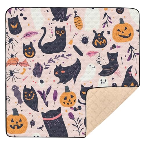 BOESI Halloween Pumpkin & Black Cat Baby Play Mat, 50“ X 50” Washable Folding Crawling Mat, Baby Floor Mat, Soft, Non-Slip