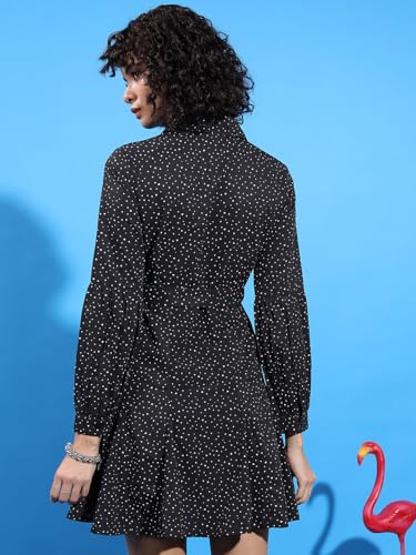Image of Tokyo Talkies Black & White Polka Dot Printed Cuffed Sleeves Shirt Dress