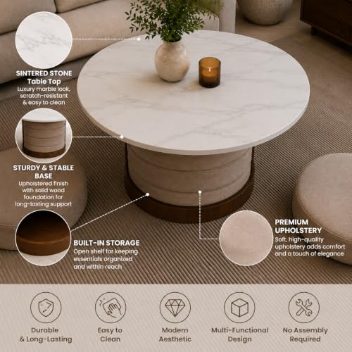Image of The Attic Baithak Coffee Table, Coffee Table for Living Room, Marble Top, with 3 Integrated Seats, Honey & Beige